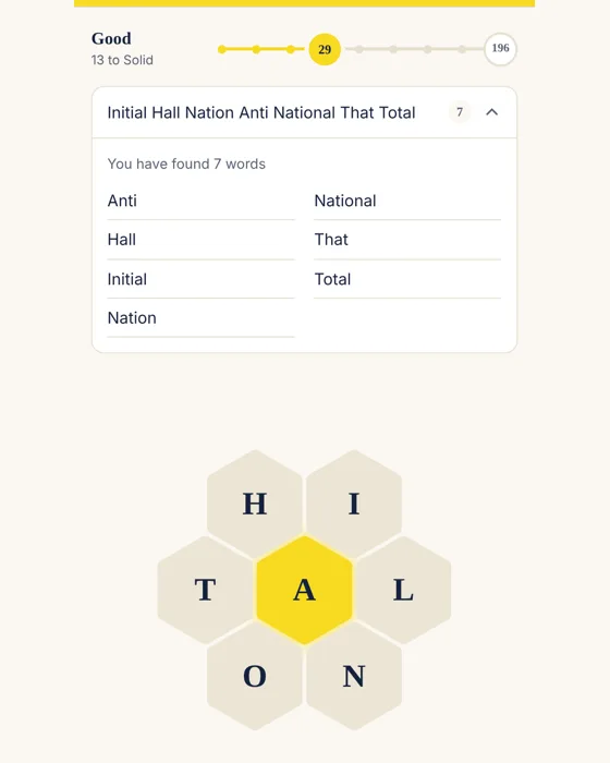 Spelling Bee found-words list with points and rank progress